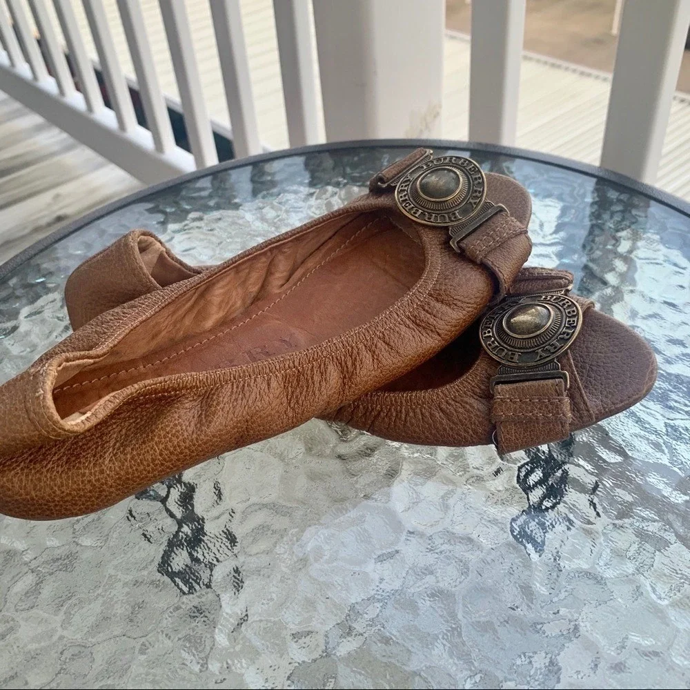 Burberry luxury‎ Leather Medallion Peep Toe flats loafers vintage shoes